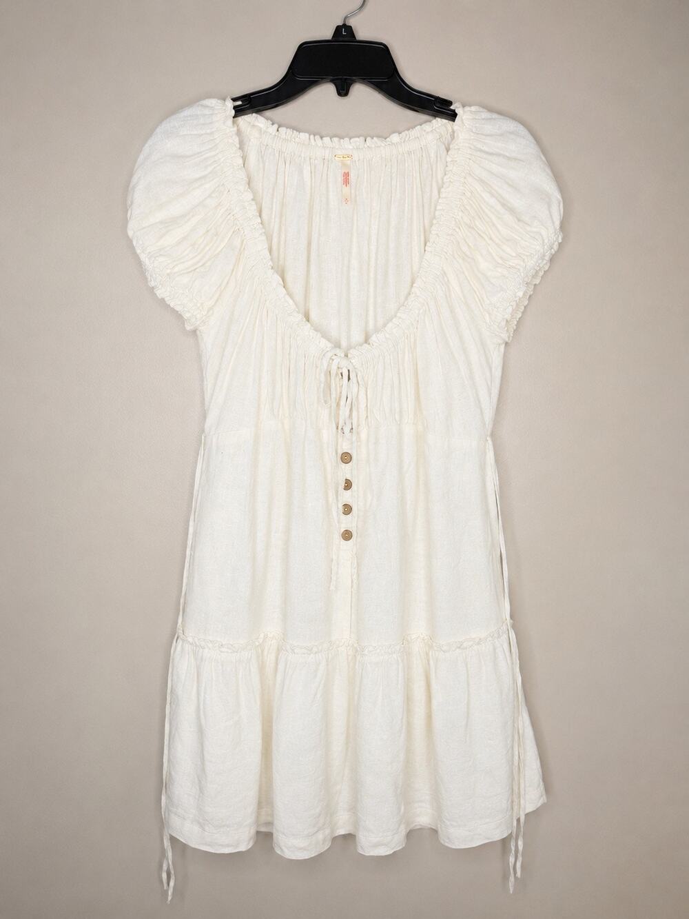 Free People White Linen Blend Mini Dress Boho Cottagecore Puff Sleeve Dress M